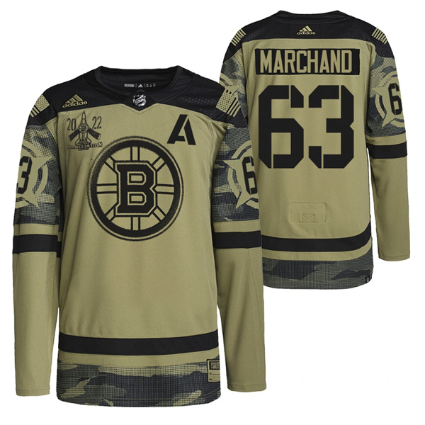 Men's Boston Bruins #63 Brad Marchand 2022 Camo Military Appreciation Night Stitched